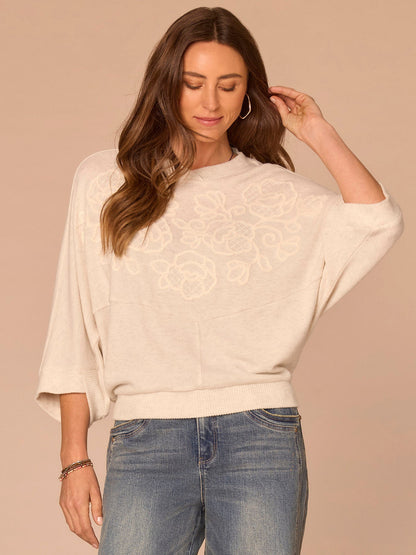 Democracy Clothing Three Quarter Dolman Sleeve High V-Neck Embroidered Knit Top - Heather Concord Grape|Heather Cream