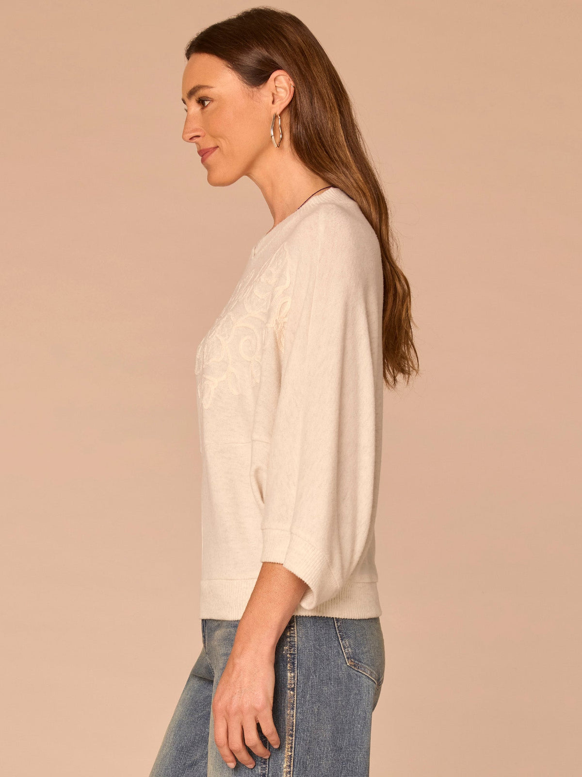 Democracy Clothing Three Quarter Dolman Sleeve High V-Neck Embroidered Knit Top - Heather Concord Grape|Heather Cream