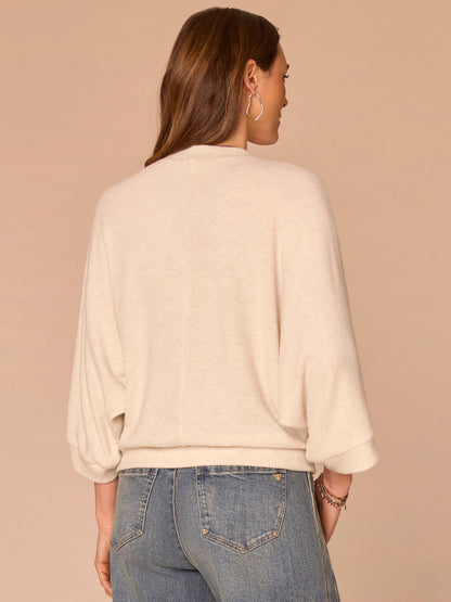 Democracy Clothing Three Quarter Dolman Sleeve High V-Neck Embroidered Knit Top - Heather Concord Grape|Heather Cream