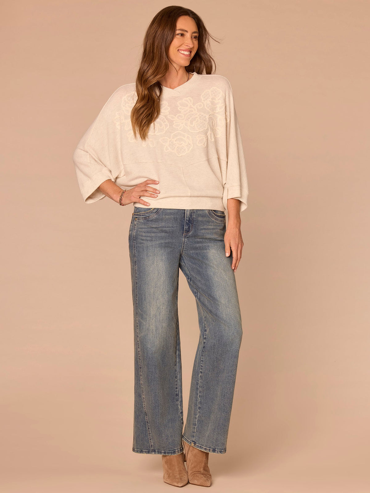Democracy Clothing Three Quarter Dolman Sleeve High V-Neck Embroidered Knit Top - Heather Concord Grape|Heather Cream