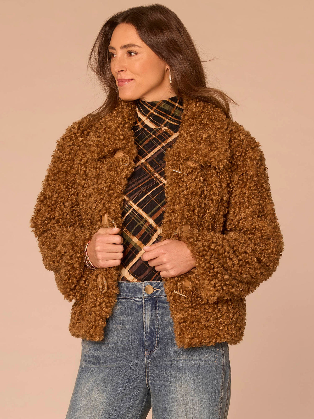 Democracy Clothing Long Sleeve Wide Collar Drop In Pocket Faux Fur Woven Jacket - Butter Toffee
