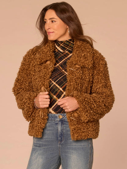 Democracy Clothing Long Sleeve Wide Collar Drop In Pocket Faux Fur Woven Jacket - Butter Toffee