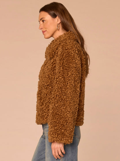 Democracy Clothing Long Sleeve Wide Collar Drop In Pocket Faux Fur Woven Jacket - Butter Toffee