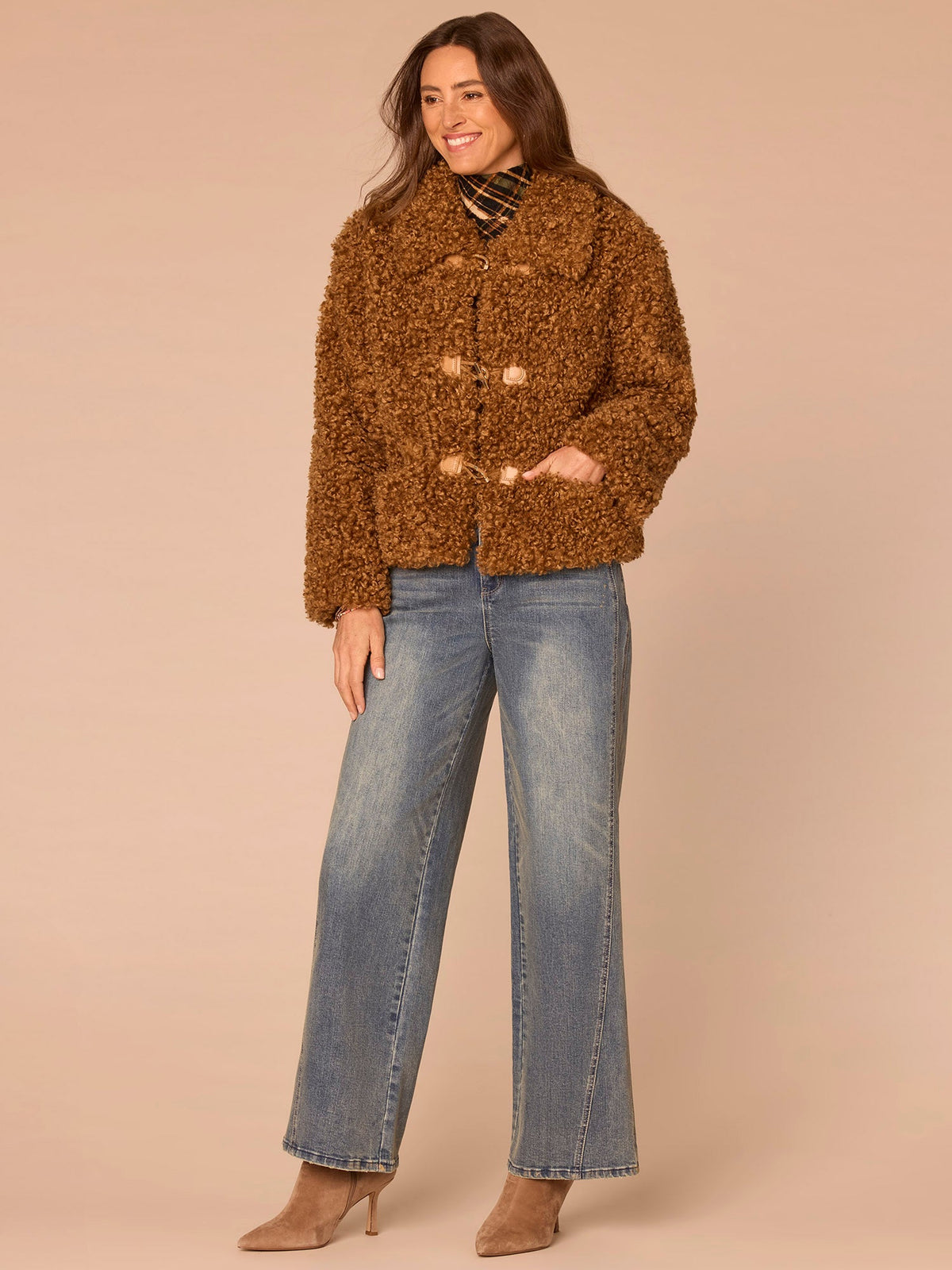 Democracy Clothing Long Sleeve Wide Collar Drop In Pocket Faux Fur Woven Jacket - Butter Toffee