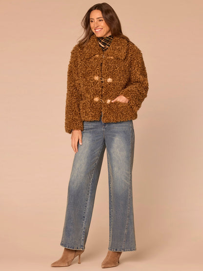 Democracy Clothing Long Sleeve Wide Collar Drop In Pocket Faux Fur Woven Jacket - Butter Toffee