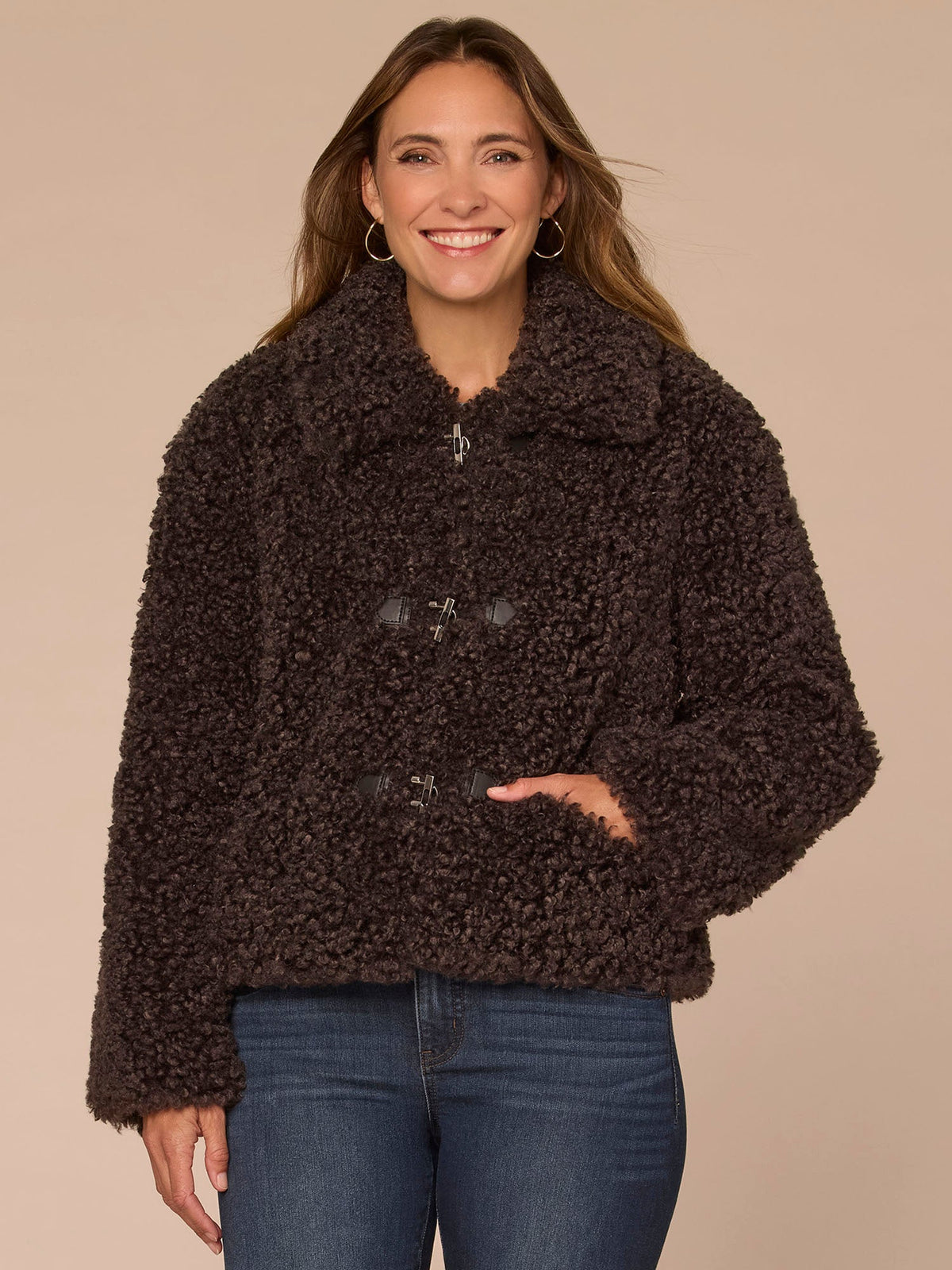 Democracy Clothing Long Sleeve Wide Collar Faux Fur Woven Jacket with Drop In Pockets - Dark Grey