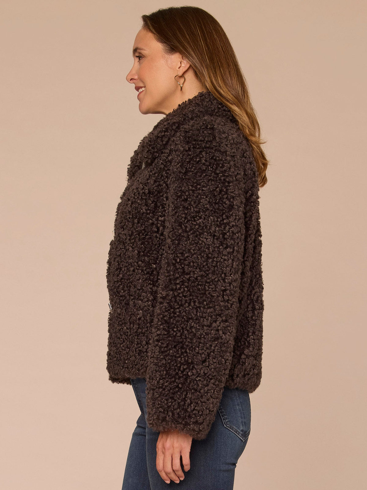 Democracy Clothing Long Sleeve Wide Collar Faux Fur Woven Jacket with Drop In Pockets - Dark Grey