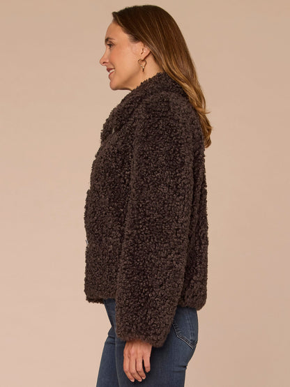 Democracy Clothing Long Sleeve Wide Collar Faux Fur Woven Jacket with Drop In Pockets - Dark Grey