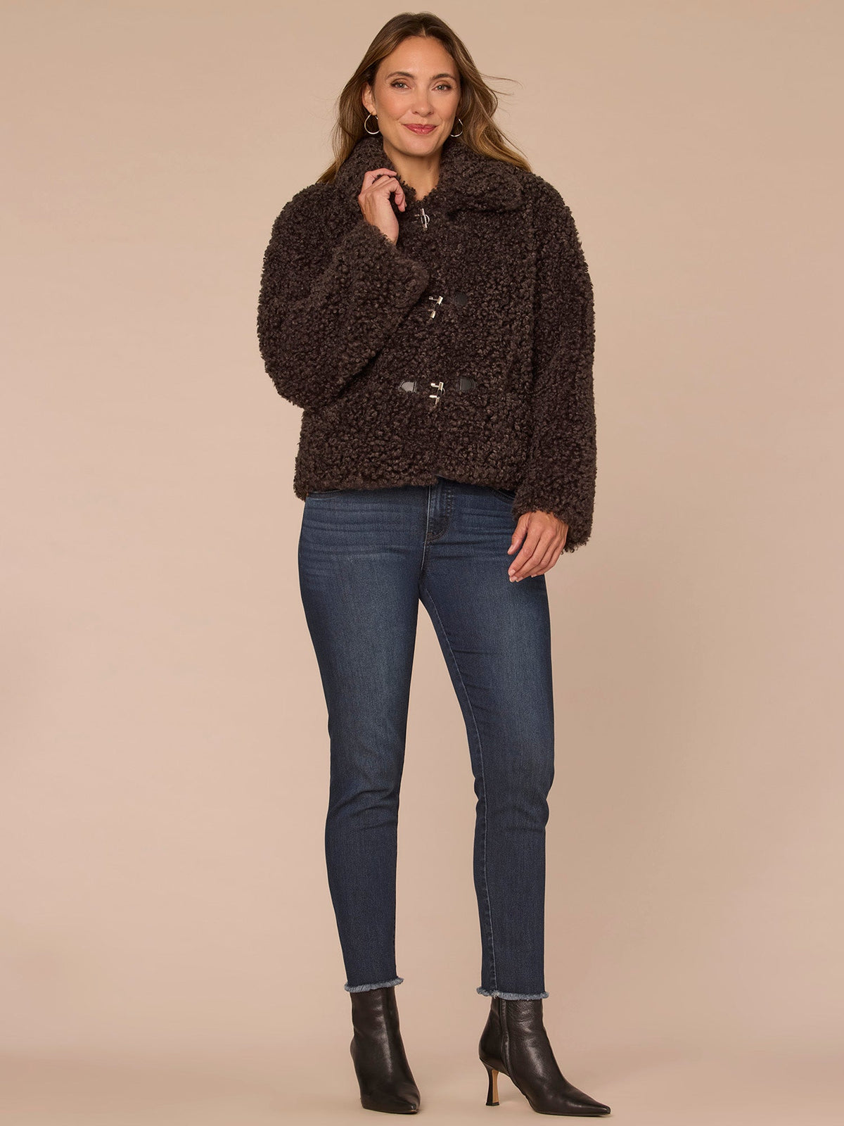 Democracy Clothing Long Sleeve Wide Collar Faux Fur Woven Jacket with Drop In Pockets - Dark Grey
