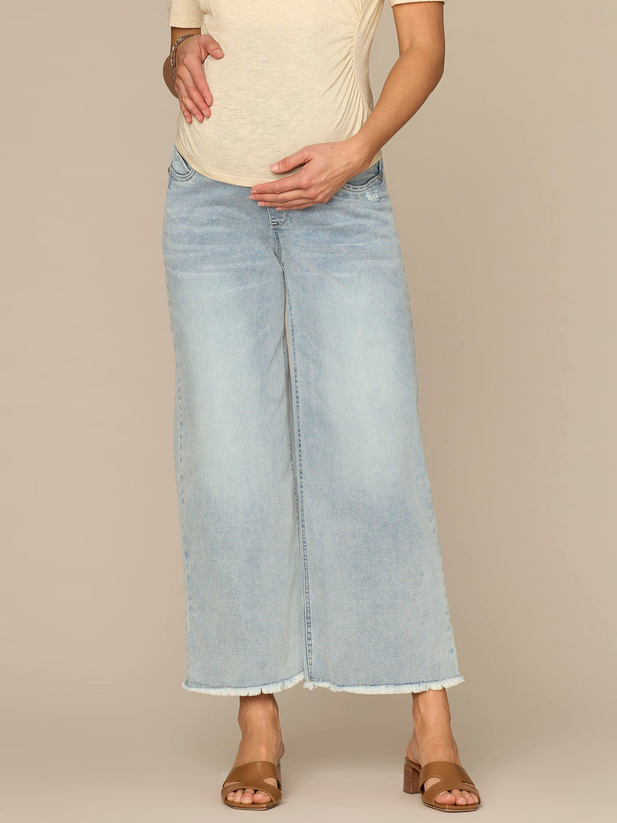 Democracy Clothing CradleComfort Baby Bump Round Up Fray Hem Maternity Wide Leg Jeans - Light Blue Artisanal Denim