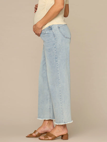 Democracy Clothing CradleComfort Baby Bump Round Up Fray Hem Maternity Wide Leg Jeans - Light Blue Artisanal Denim