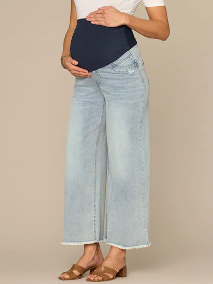 Democracy Clothing CradleComfort Baby Bump Round Up Fray Hem Maternity Wide Leg Jeans - Light Blue Artisanal Denim