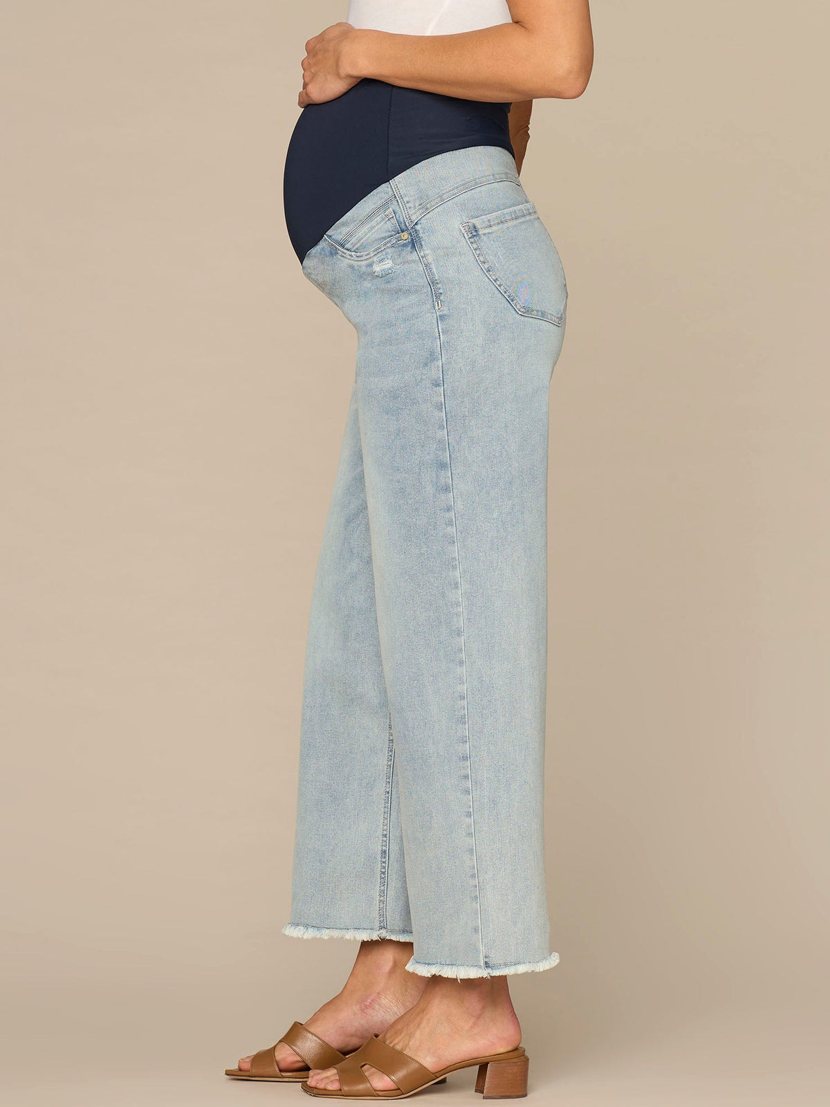 Democracy Clothing CradleComfort Baby Bump Round Up Fray Hem Maternity Wide Leg Jeans - Light Blue Artisanal Denim