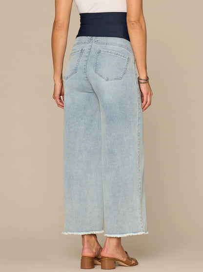 Democracy Clothing CradleComfort Baby Bump Round Up Fray Hem Maternity Wide Leg Jeans - Light Blue Artisanal Denim