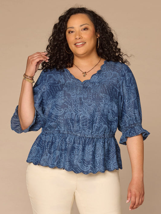Democracy Clothing Lantern Sleeve V-Neck Scallop Printed Lyocell Plus Size Woven Top - Indigo|Light Blue