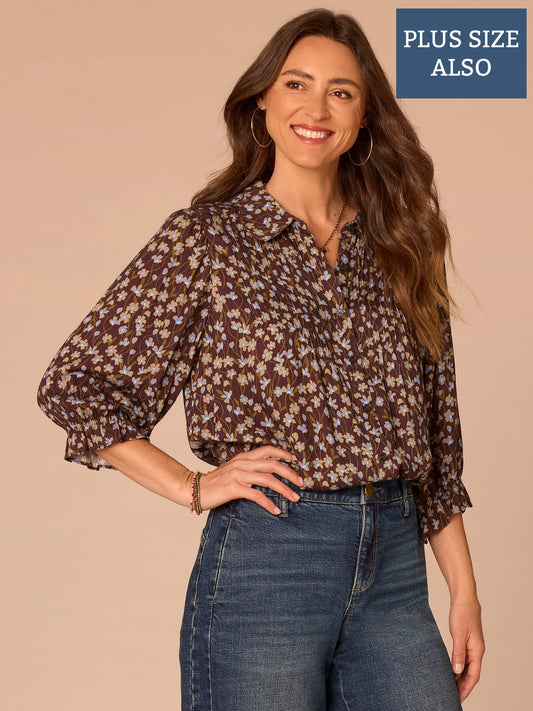 Democracy Clothing Three Quarter Flounce Sleeve Scallop Edge Collar Plus Size Woven Top - Coffee Bean Blue Multi