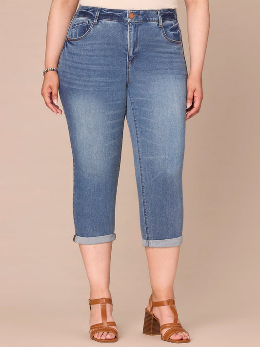 Democracy Clothing "Ab"solution High Rise Rope Embroidered Plus Size Modern Capri Jeans - Mid Blue Artisanal Denim
