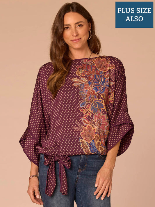 Democracy Clothing Three Quarter Dolman Sleeve Boat Neck Printed Plus Size Woven Top - Fig Jam Multi