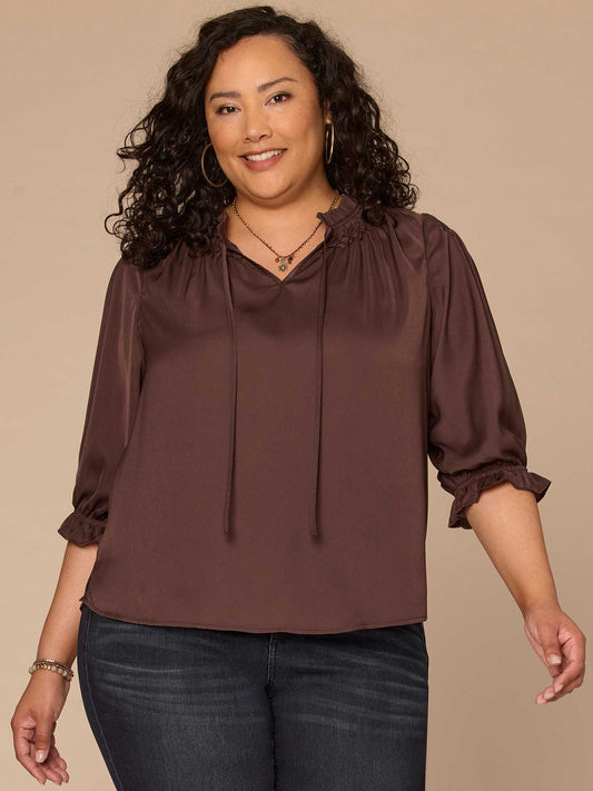 Democracy Clothing Three Quarter Sleeve Honeycomb Embroidered Neck Plus Size Woven Top - Brown