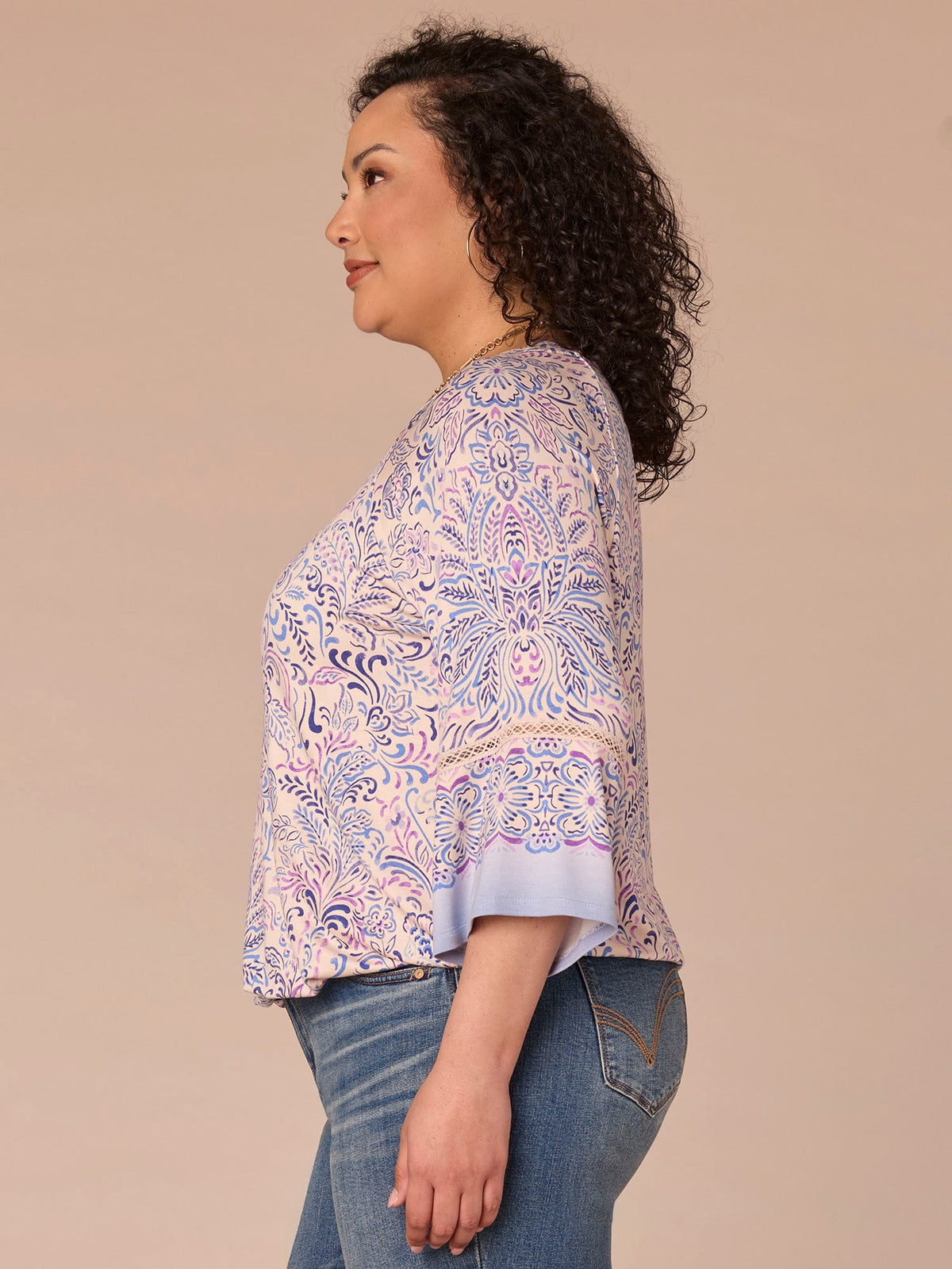 Democracy Clothing Kimono Sleeve Boat Neck Bubble Hem Printed Plus Size Knit Top - Provence Blue Multi Print