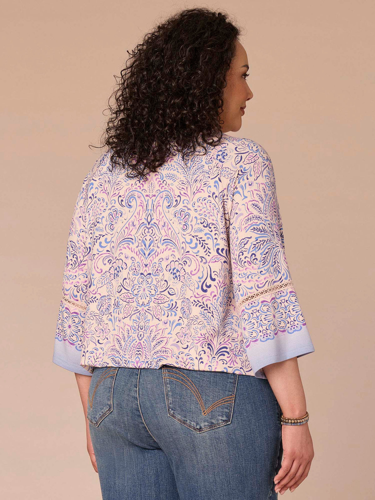 Democracy Clothing Kimono Sleeve Boat Neck Bubble Hem Printed Plus Size Knit Top - Provence Blue Multi Print