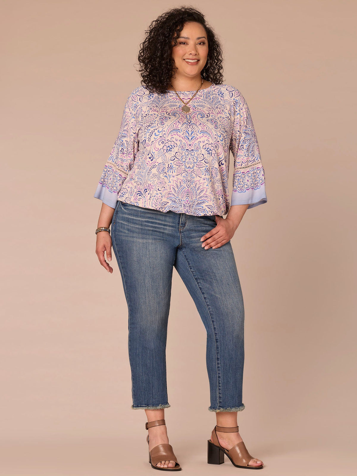 Democracy Clothing Kimono Sleeve Boat Neck Bubble Hem Printed Plus Size Knit Top - Provence Blue Multi Print