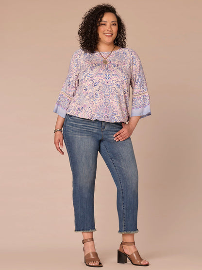 Democracy Clothing Kimono Sleeve Boat Neck Bubble Hem Printed Plus Size Knit Top - Provence Blue Multi Print