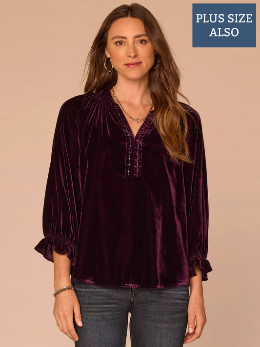 Democracy Clothing Blouson Sleeve Ruffle Neck Rhinestone Plus Size Woven Velvet Top - Aubergine|Ultra Navy