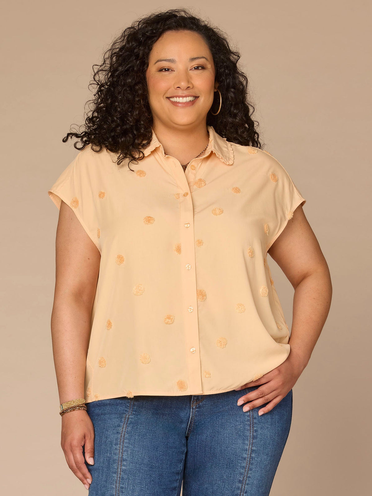 Democracy Clothing Short Sleeve Collared Button Down Textured Dot Plus Size Woven Top - Peach Puree