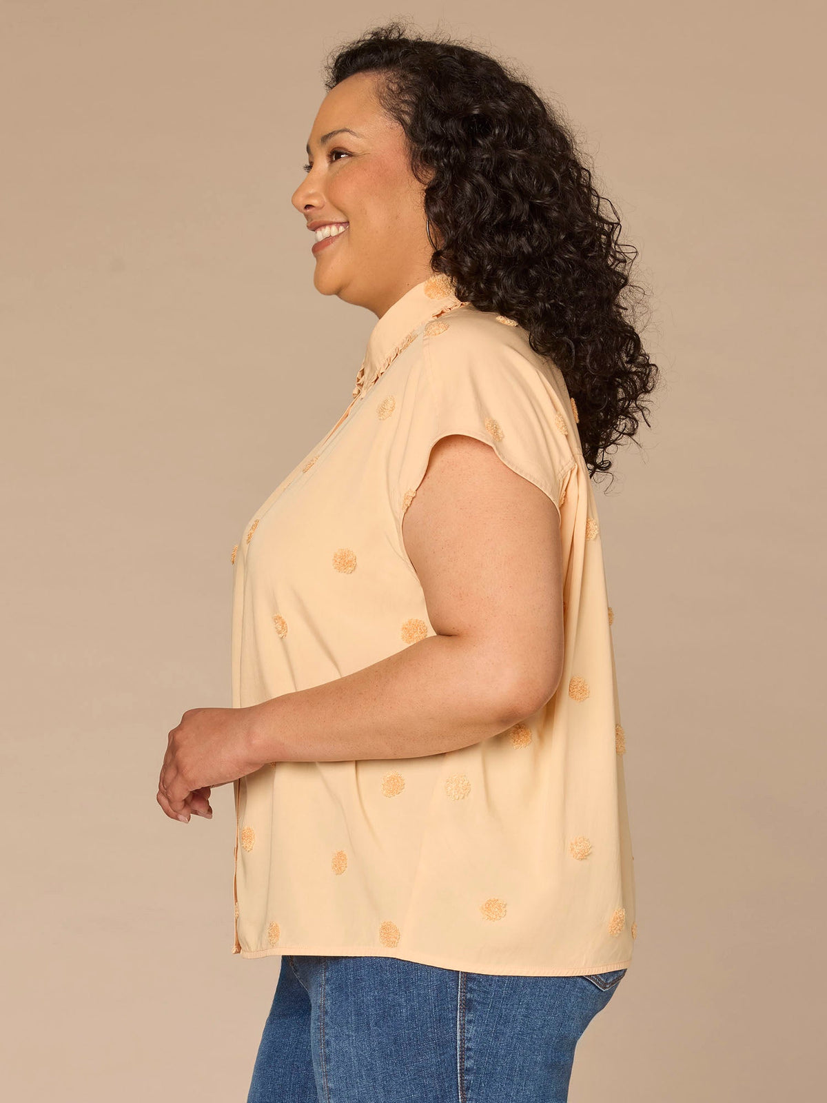 Democracy Clothing Short Sleeve Collared Button Down Textured Dot Plus Size Woven Top - Peach Puree