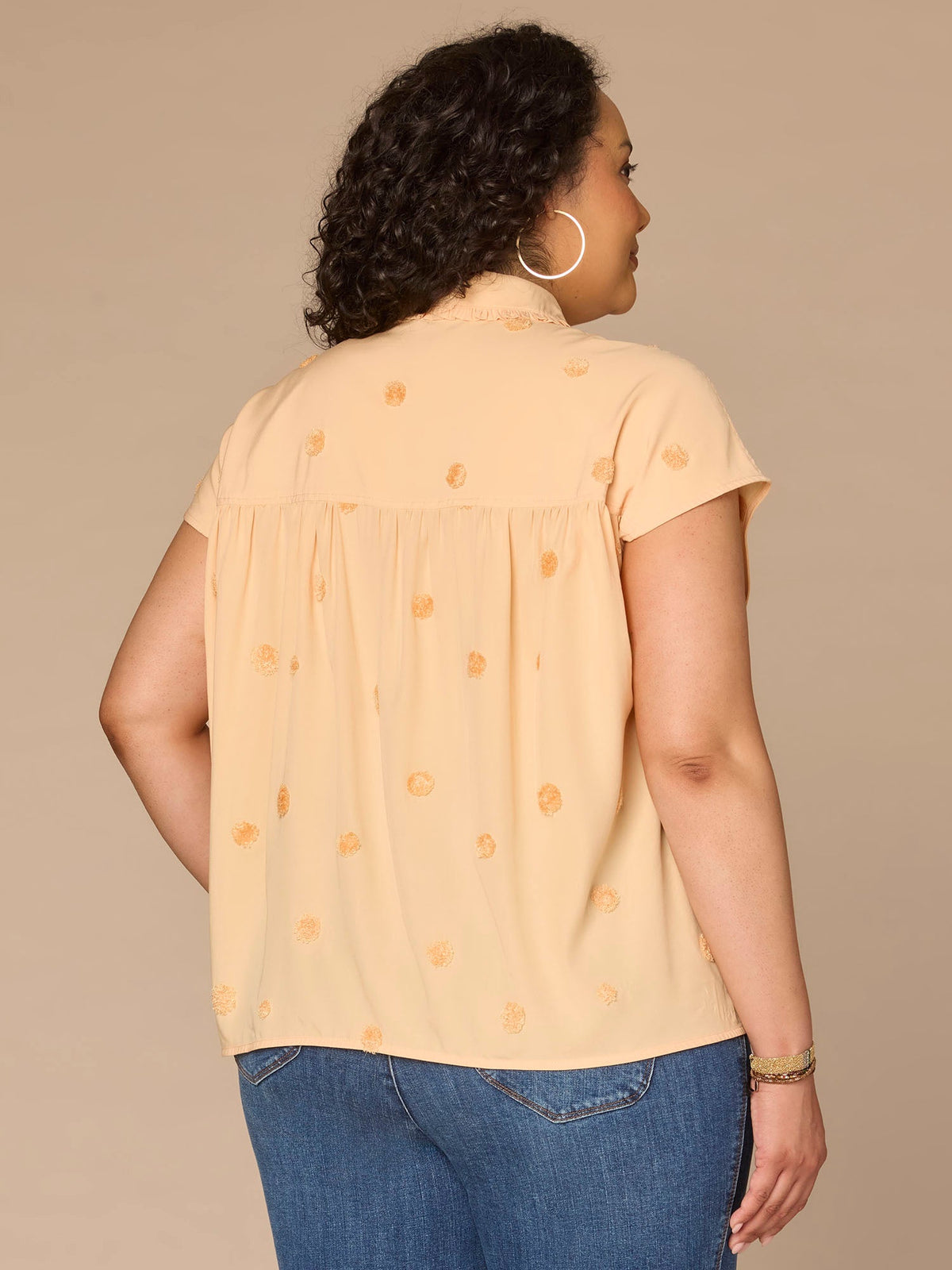 Democracy Clothing Short Sleeve Collared Button Down Textured Dot Plus Size Woven Top - Peach Puree