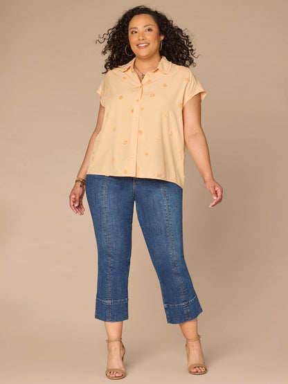 Democracy Clothing Short Sleeve Collared Button Down Textured Dot Plus Size Woven Top - Peach Puree