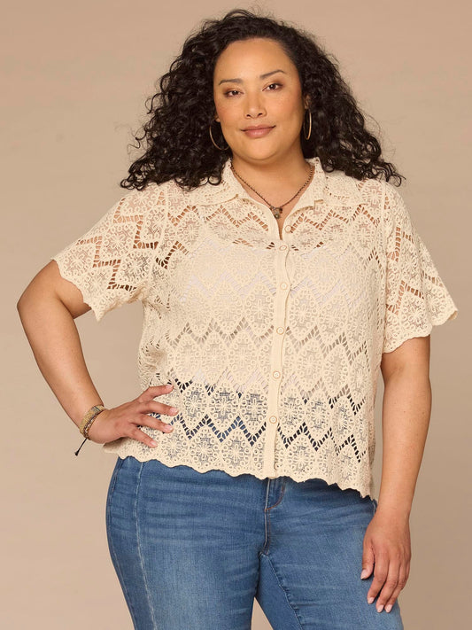 Democracy Clothing Short Sleeve Collared Button Down All-Over Crochet Plus Size Woven Top - Natural