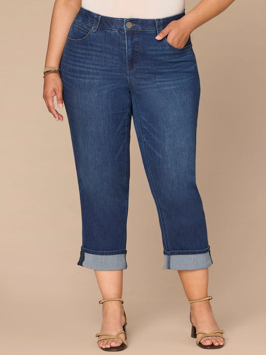 Democracy Clothing "Ab"solution® High Rise Round Up Yoke Cuffed Plus Size Boyfriend Jeans - Blue Denim