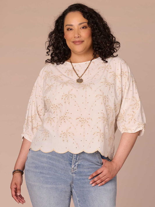 Democracy Clothing Three Quarter Pleated Sleeve Boat Neck Palm Tree Plus Size Woven Top - Off White Natural