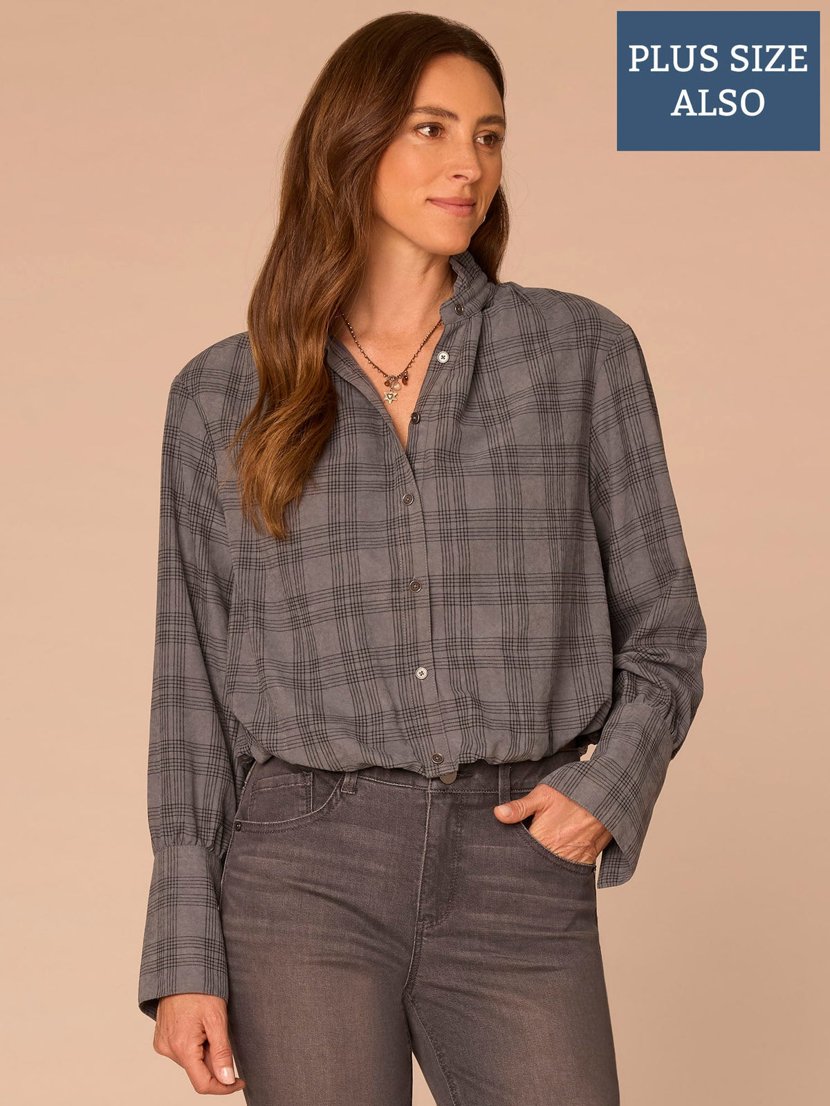 Democracy Clothing French Cuff Sleeve Hi-Low Ruffle Neck Plaid Plus Size Woven Suede Top - Dove Grey