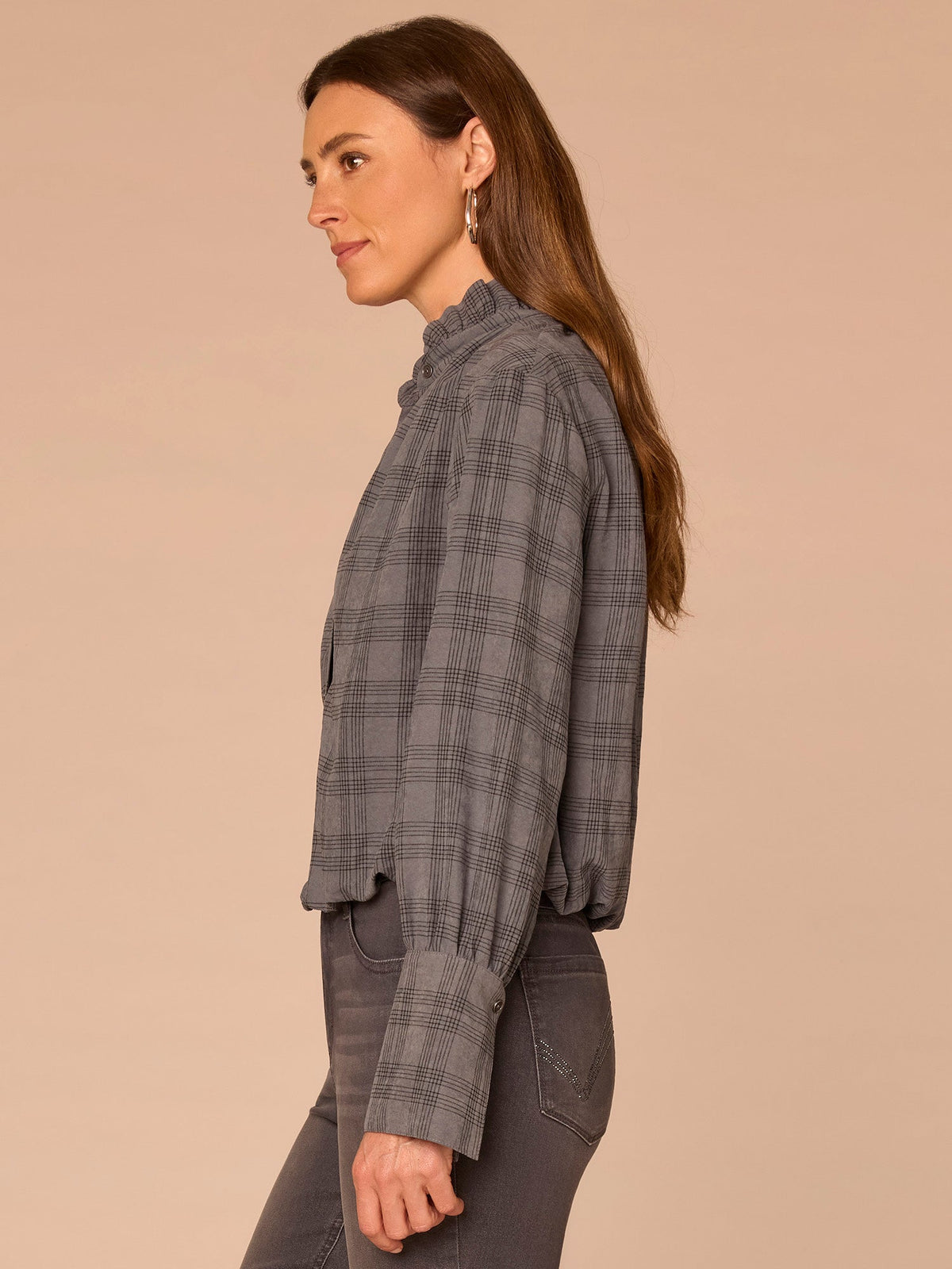 Democracy Clothing French Cuff Sleeve Hi-Low Ruffle Neck Plaid Plus Size Woven Suede Top - Dove Grey