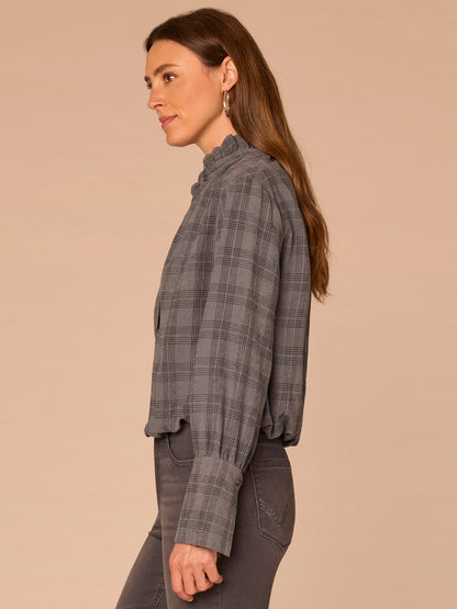 Democracy Clothing French Cuff Sleeve Hi-Low Ruffle Neck Plaid Plus Size Woven Suede Top - Dove Grey
