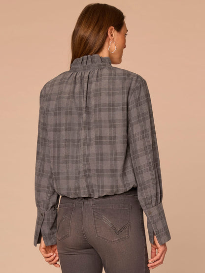 Democracy Clothing French Cuff Sleeve Hi-Low Ruffle Neck Plaid Plus Size Woven Suede Top - Dove Grey