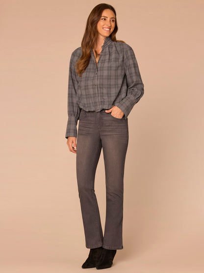 Democracy Clothing French Cuff Sleeve Hi-Low Ruffle Neck Plaid Plus Size Woven Suede Top - Dove Grey