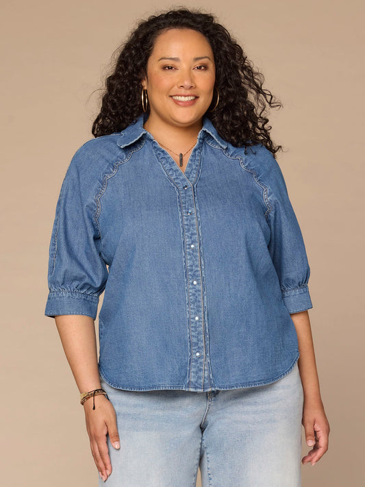 Democracy Clothing Below Elbow Sleeve Scallop Collar Snap Button Down Plus Size Denim Top - Mid Blue