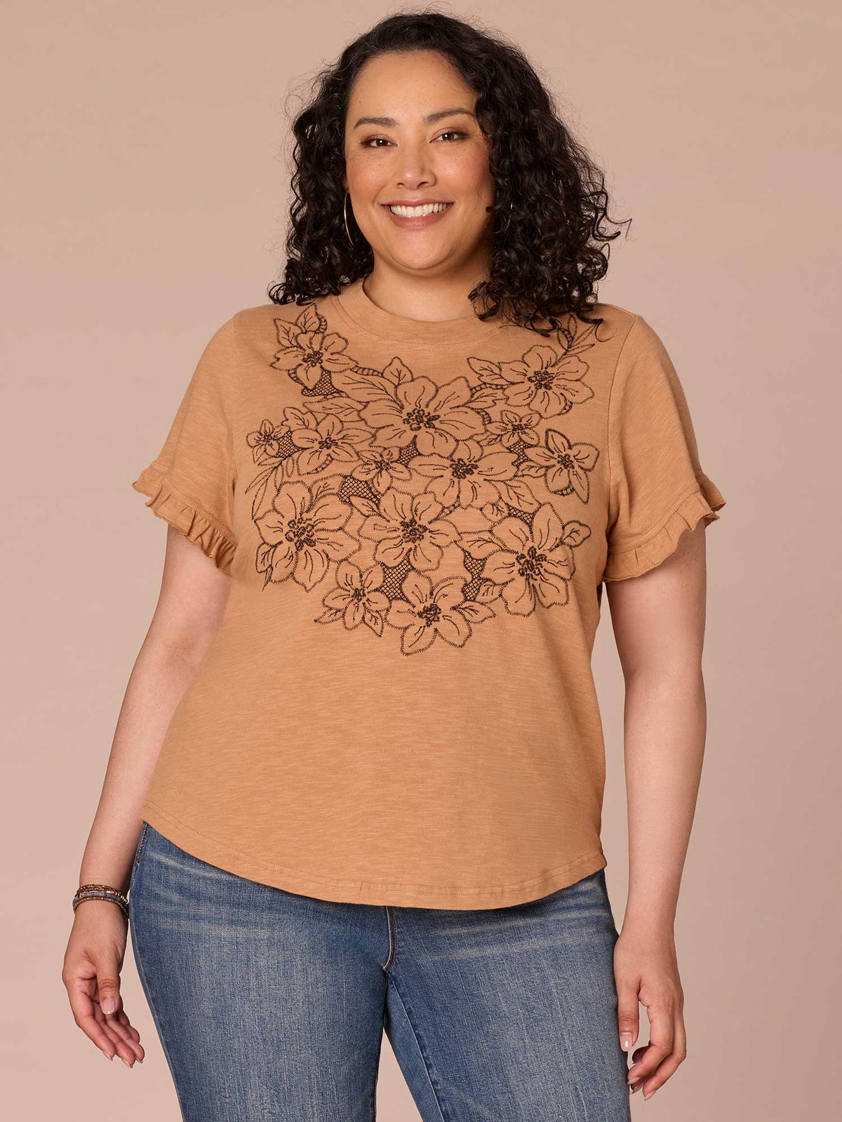 Democracy Clothing Short Sleeve Crew Neck Floral Embroidered Plus Size Knit Top - Sandcastle Dark Licorice