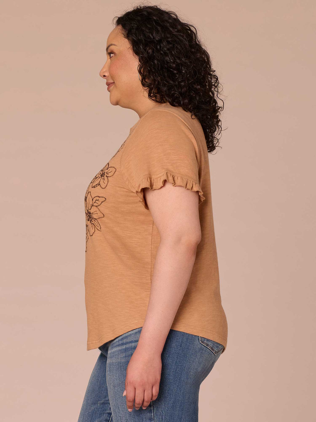 Democracy Clothing Short Sleeve Crew Neck Floral Embroidered Plus Size Knit Top - Sandcastle Dark Licorice