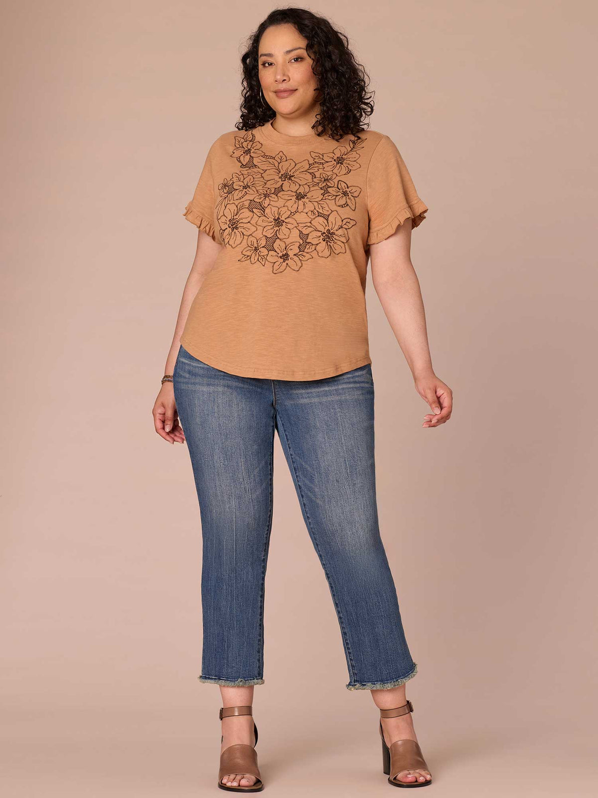 Democracy Clothing Short Sleeve Crew Neck Floral Embroidered Plus Size Knit Top - Sandcastle Dark Licorice