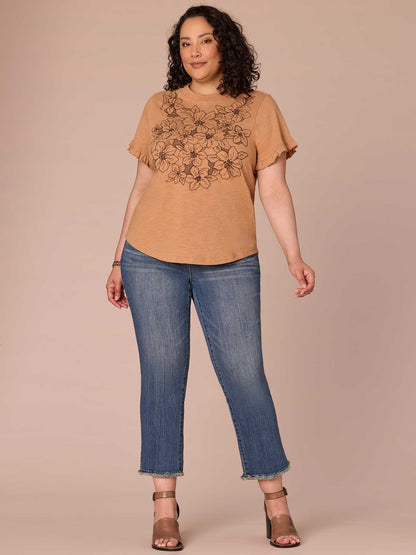 Democracy Clothing Short Sleeve Crew Neck Floral Embroidered Plus Size Knit Top - Sandcastle Dark Licorice