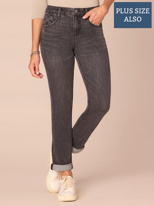 Democracy Clothing "Ab"solution® Mid-Rise Plus Size Girlfriend Jeans with Roll Cuff - Washed Black Artisanal Denim