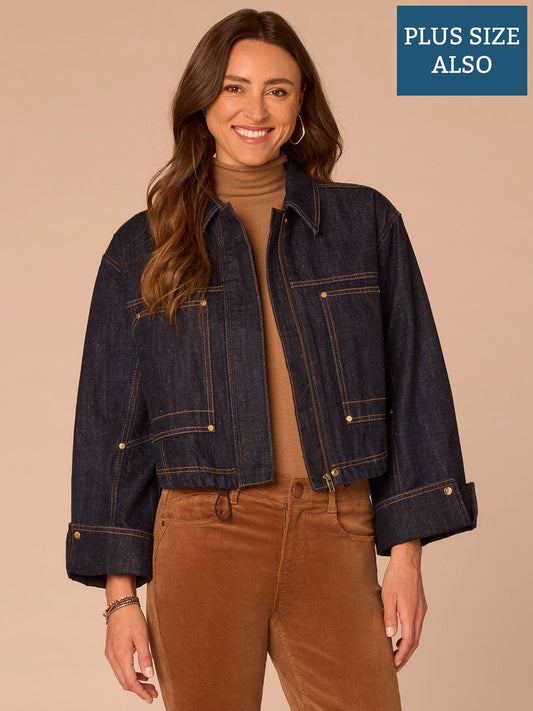 Democracy Clothing Snap Cuff Sleeve Adjustable Hem Plus Size Denim Bomber Jacket - Indigo Denim