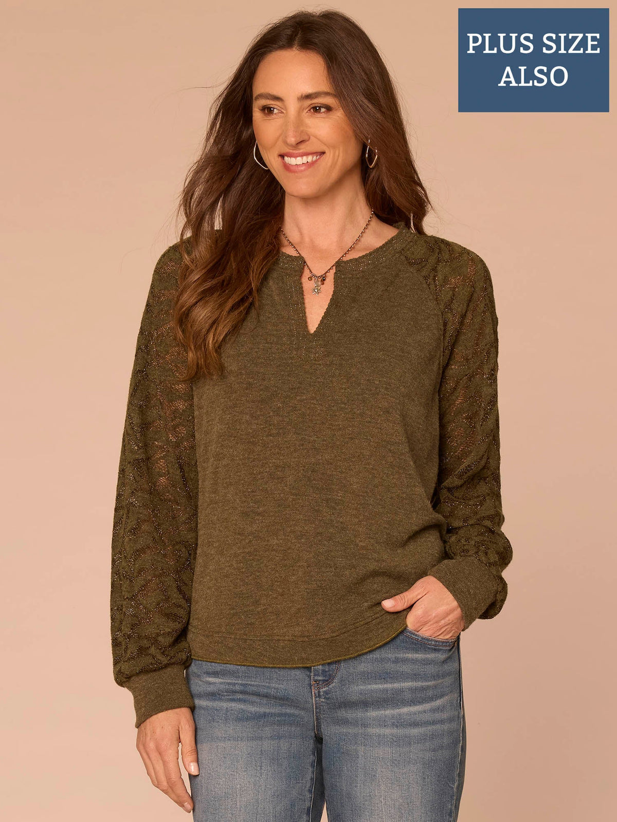 Democracy Clothing Long Blouson Sleeve Mandarin Collar Mixed Media Plus Size Knit Top - Heather Jungle Moss