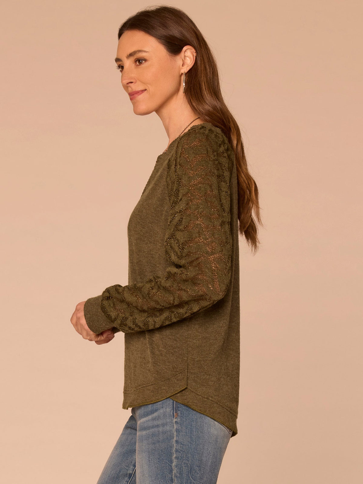 Democracy Clothing Long Blouson Sleeve Mandarin Collar Mixed Media Plus Size Knit Top - Heather Jungle Moss