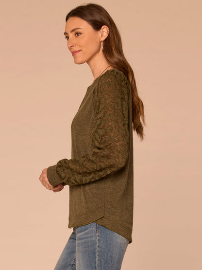 Democracy Clothing Long Blouson Sleeve Mandarin Collar Mixed Media Plus Size Knit Top - Heather Jungle Moss